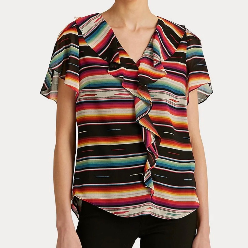 Ruffle Front Vibrant Stripe Print V-Neck Flutter Sleeve Crinkle Georgette Top